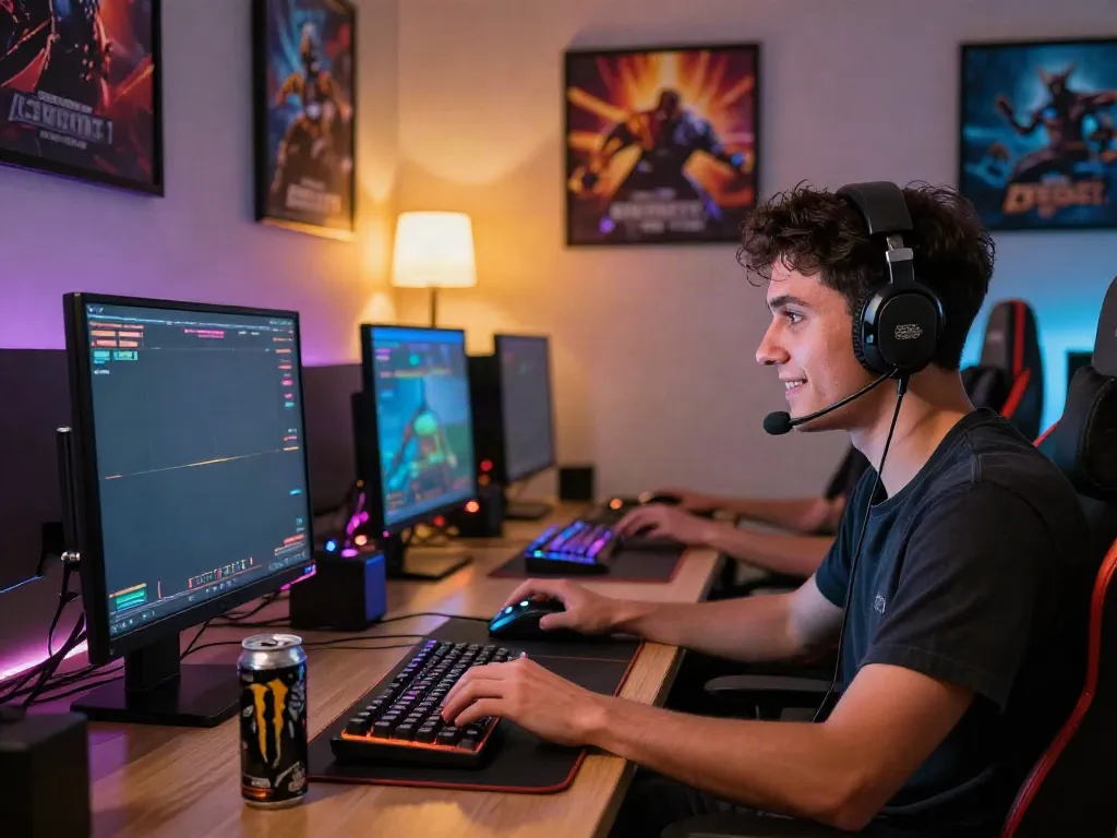 Exciting gaming scene showcasing a player engaged on https://man881.jp.net/ with vibrant LED lights and gaming gear.