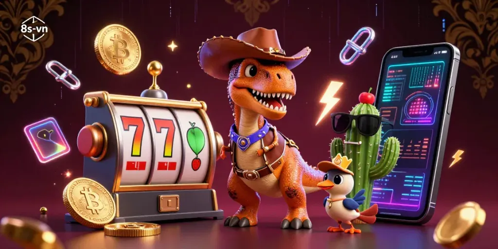 Engage in 8s-vn slots with a vibrant scene featuring a T-Rex and friends amid dynamic casino elements.