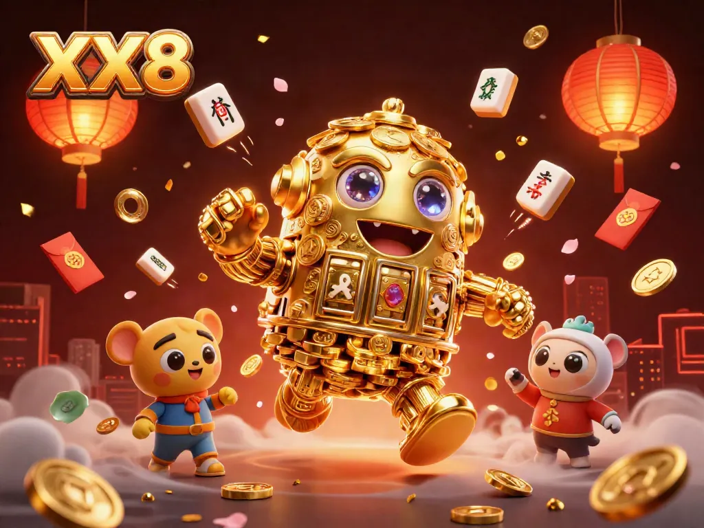 Experience the thrill of XX8 with a captivating casino scene featuring a golden golem and festive game elements.
