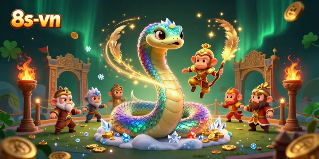 Engaging scene of 8s-vn casino with a colorful serpent and monkey king in action.