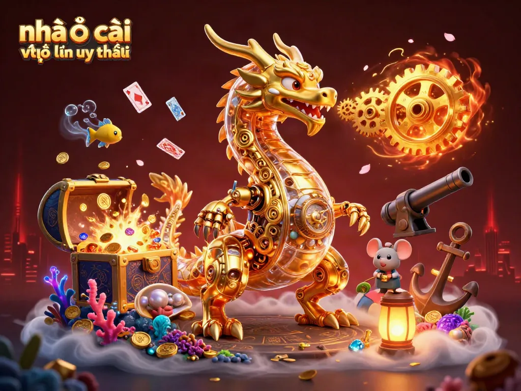 Engage with nhà cái trực tuyến uy tín through a vibrant 3D scene featuring a golden dragon and plenty of casino elements.