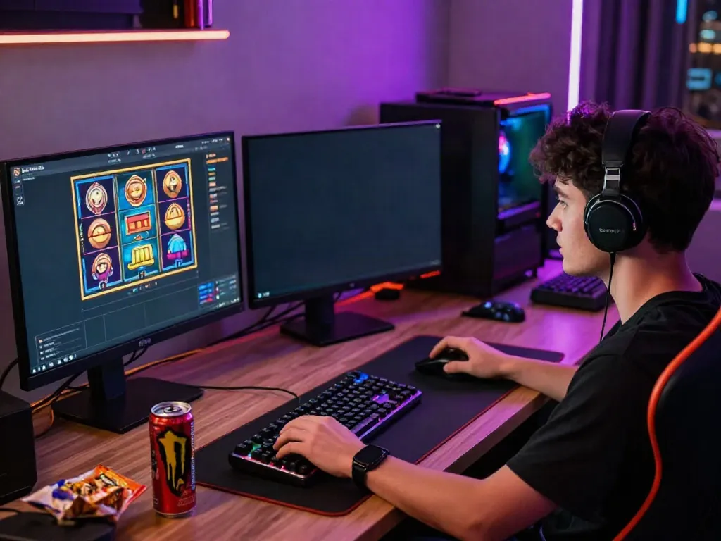 Exciting gaming setup showcasing situs slot gacor with colorful interfaces and snacks in a modern home office