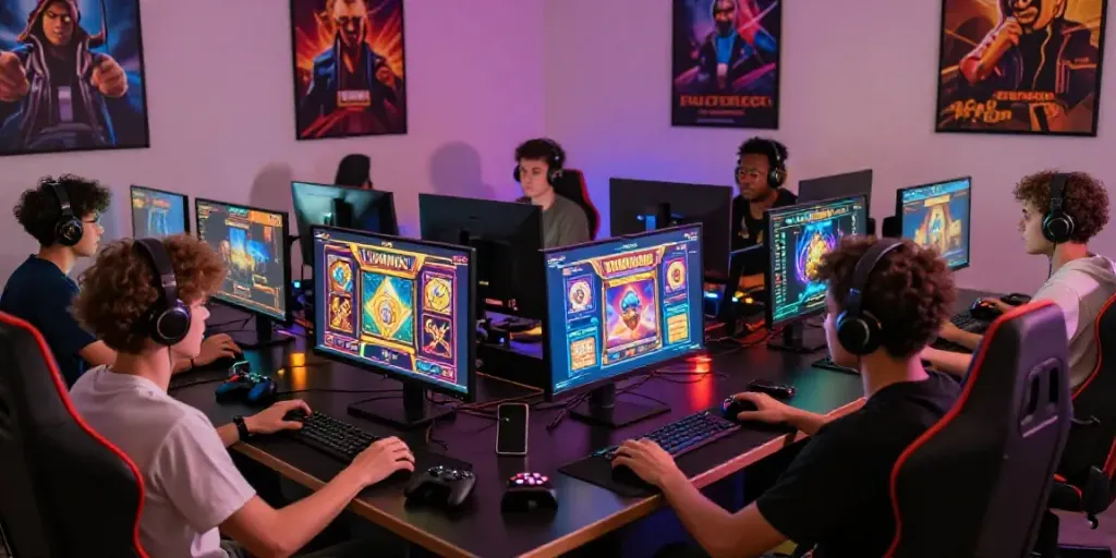 Engaging scene of diverse players enjoying online slot games at kayu77 platform.