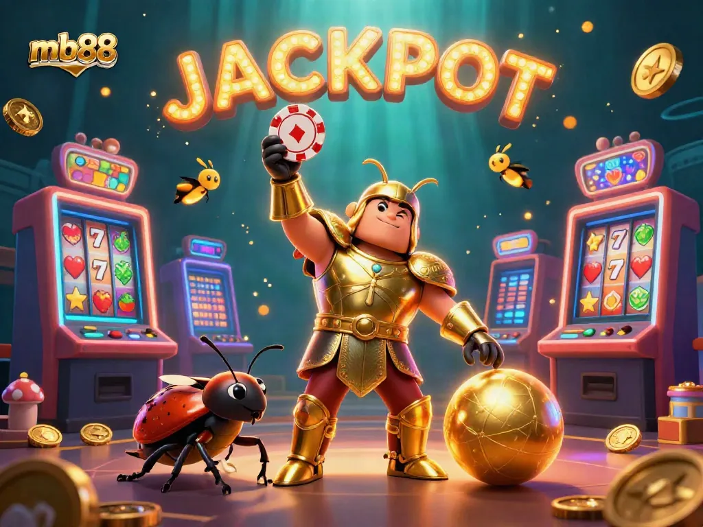 Experience excitement at mb88 with a victorious beetle lifting a poker chip, surrounded by colorful casino elements.