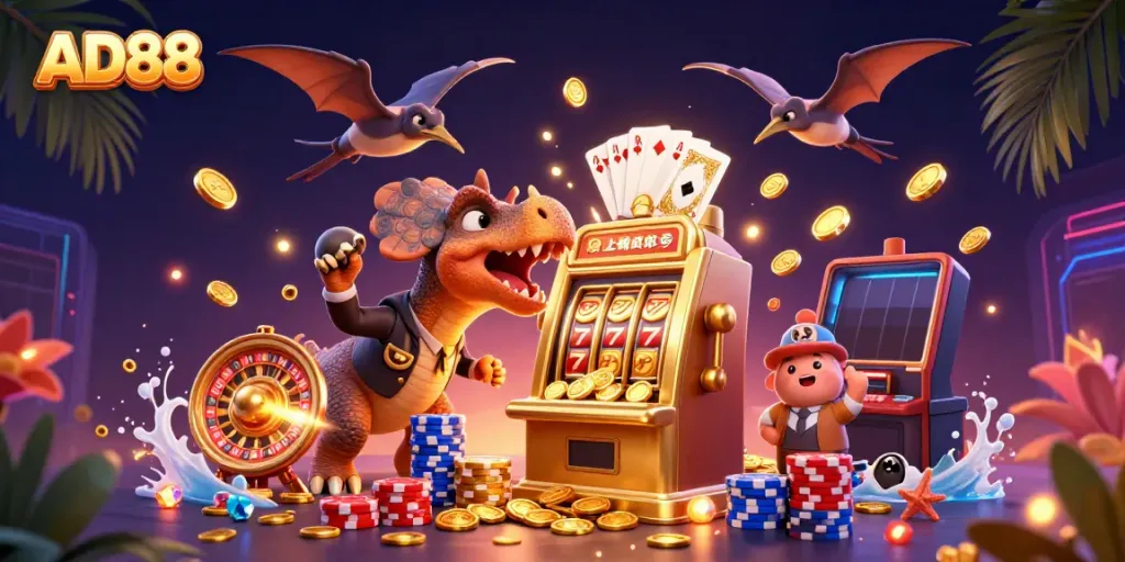 Experience the excitement of AD88 as a pachycephalosaurus wins a jackpot, surrounded by coins and games.