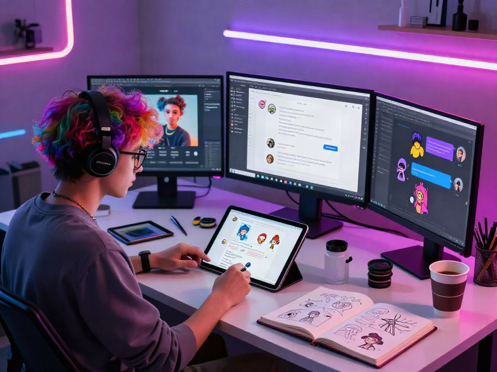 AI chat NSFW design scene with artist creating digital character interfaces in a vibrant studio.