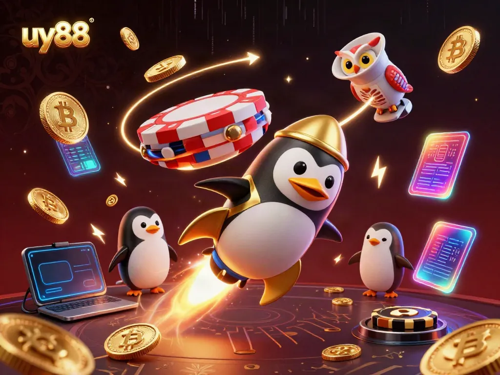 Experience the excitement of uy88 with a golden penguin soaring through a vibrant digital casino cosmos filled with crypto elements.