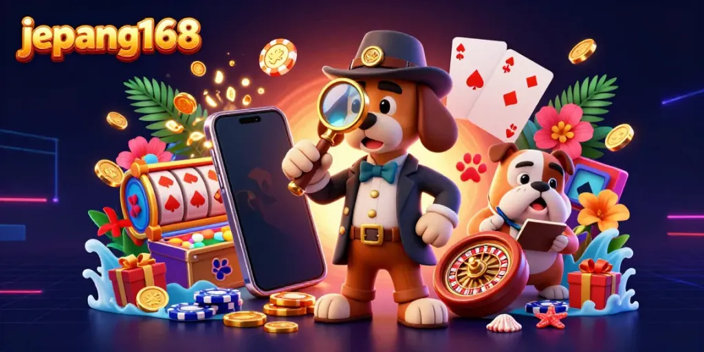 Experience the thrill of jepang168 with a cartoon detective investigating poker clues amid vibrant casino gaming elements.