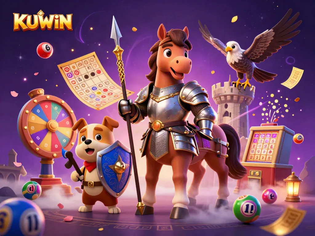 Experience thrilling lottery action with KUWIN in a vibrant medieval casino scene.