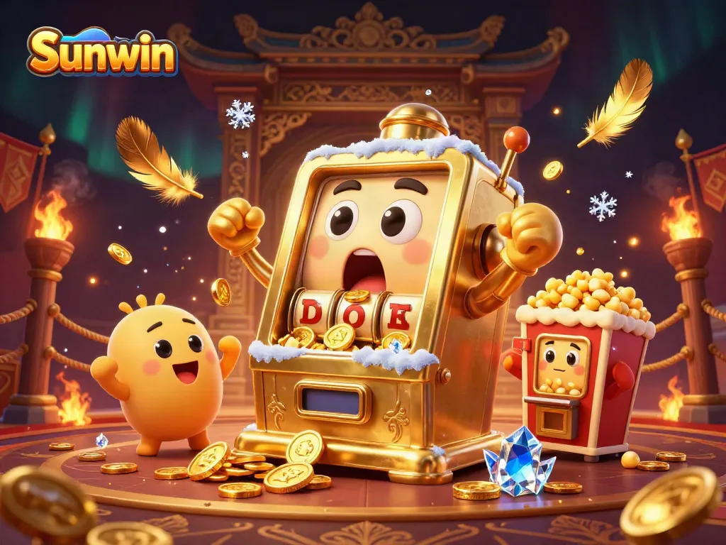 Sunwin slot machine character celebrating a jackpot with coins pouring out, surrounded by cheering baby slots and a popcorn machine.