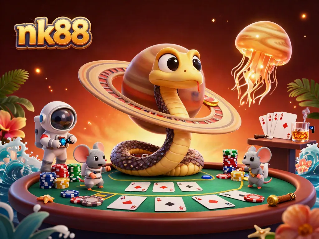 Experience nk88 gaming with astronaut mice betting on a snake roulette wheel amidst rich casino elements.