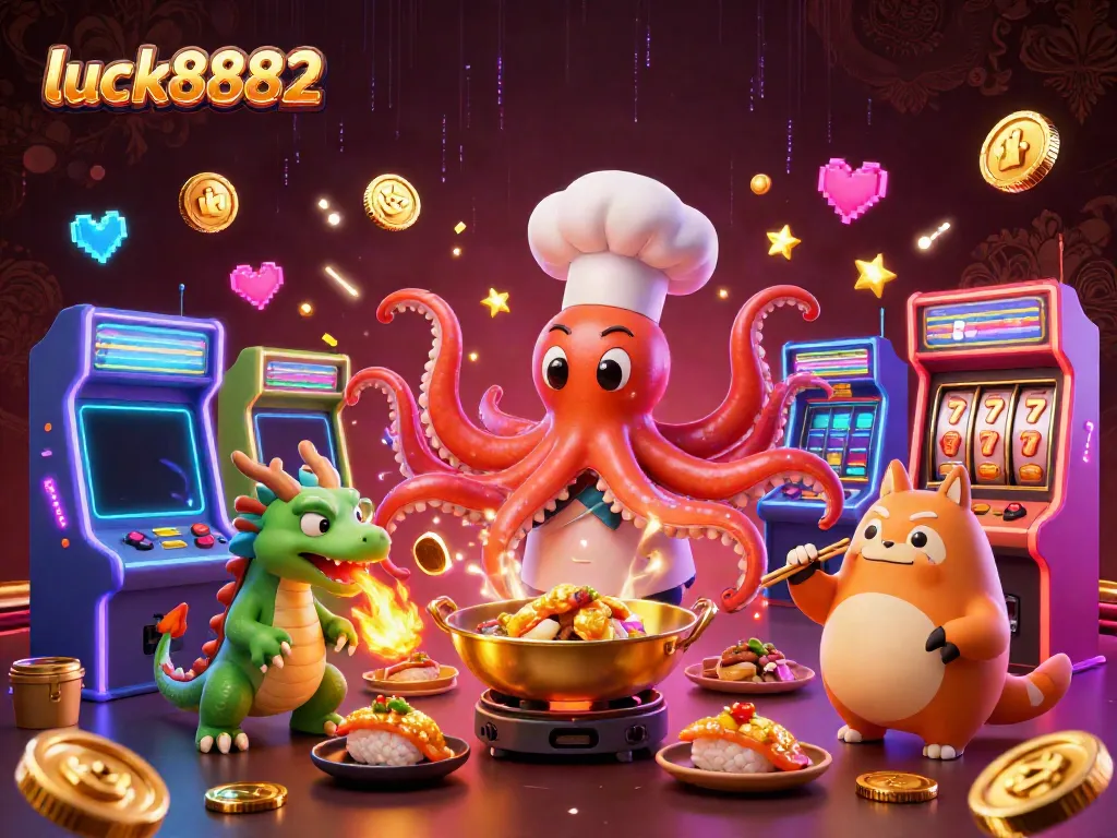Engage with luck8882's vibrant 3D illustration featuring a sushi chef octopus, a fiery dragon, and a joyful tanuki