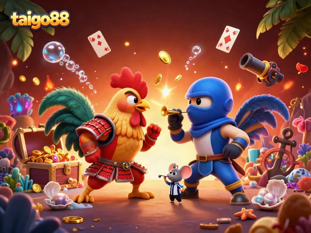 Engage with taigo88 in an exciting fight between roosters amidst treasure and casino elements.