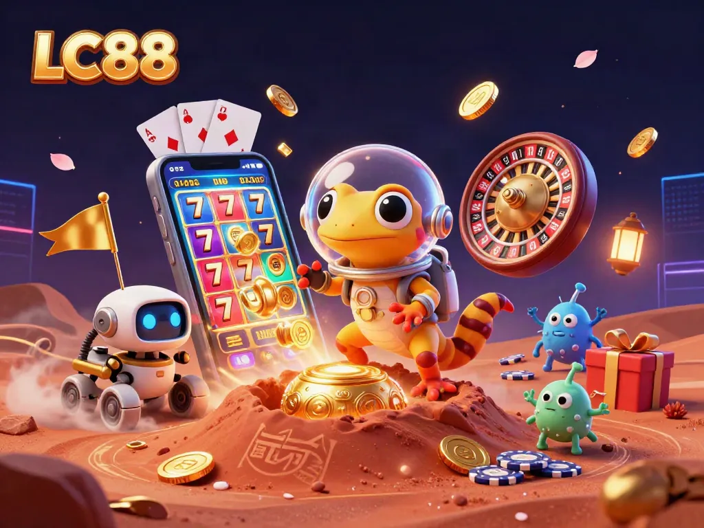 Experience the excitement of LC88 slots with a Martian gecko and casino treasure amidst alien cheers.