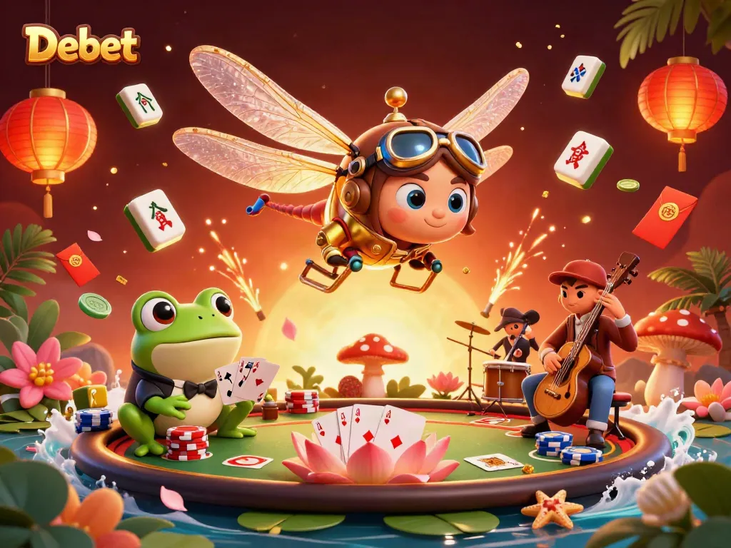 Experience thrilling card deals in Debet's vibrant casino scene filled with lively characters and elements.