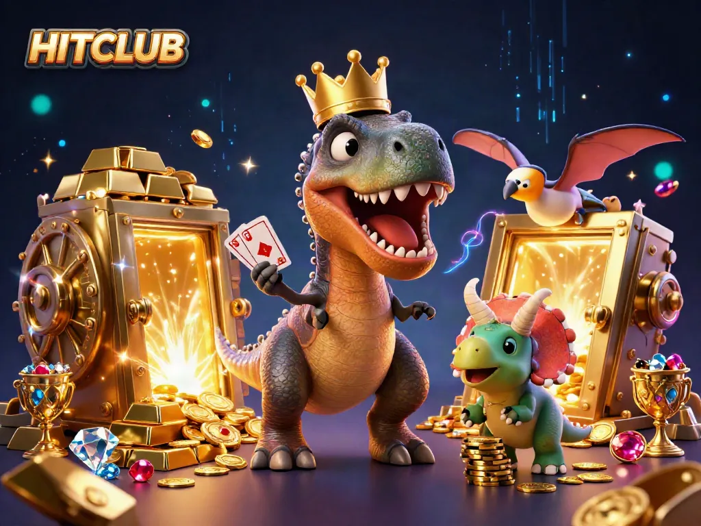 Engage with HITCLUB's thrilling gameplay featuring cartoon dinosaurs in a vibrant casino scene.