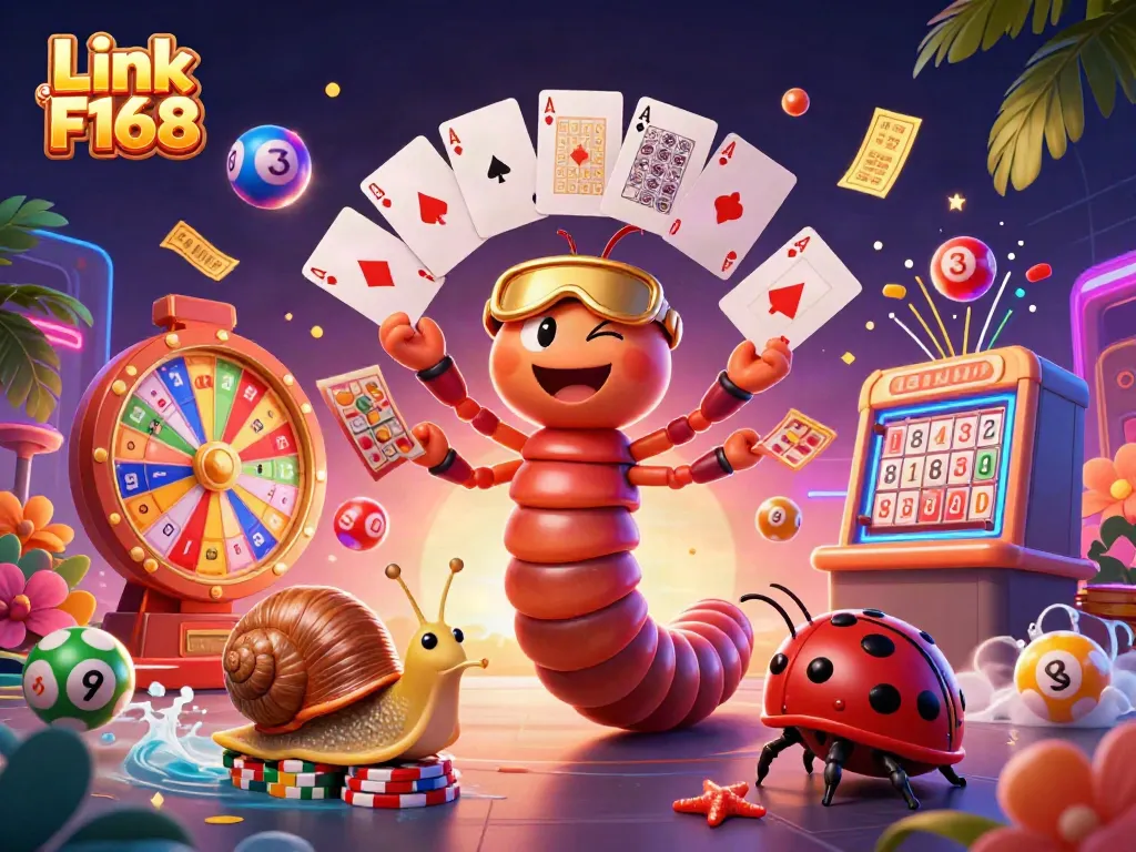 Engage in thrilling games with Link F168, illustrated with a millipede dealer, high-roller snail, and vibrant interactive elements.