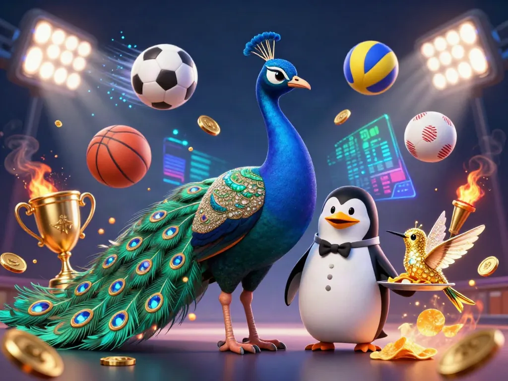 Sunwin features a vibrant casino scene with a peacock, penguin, and hummingbird amidst dynamic gambling elements.