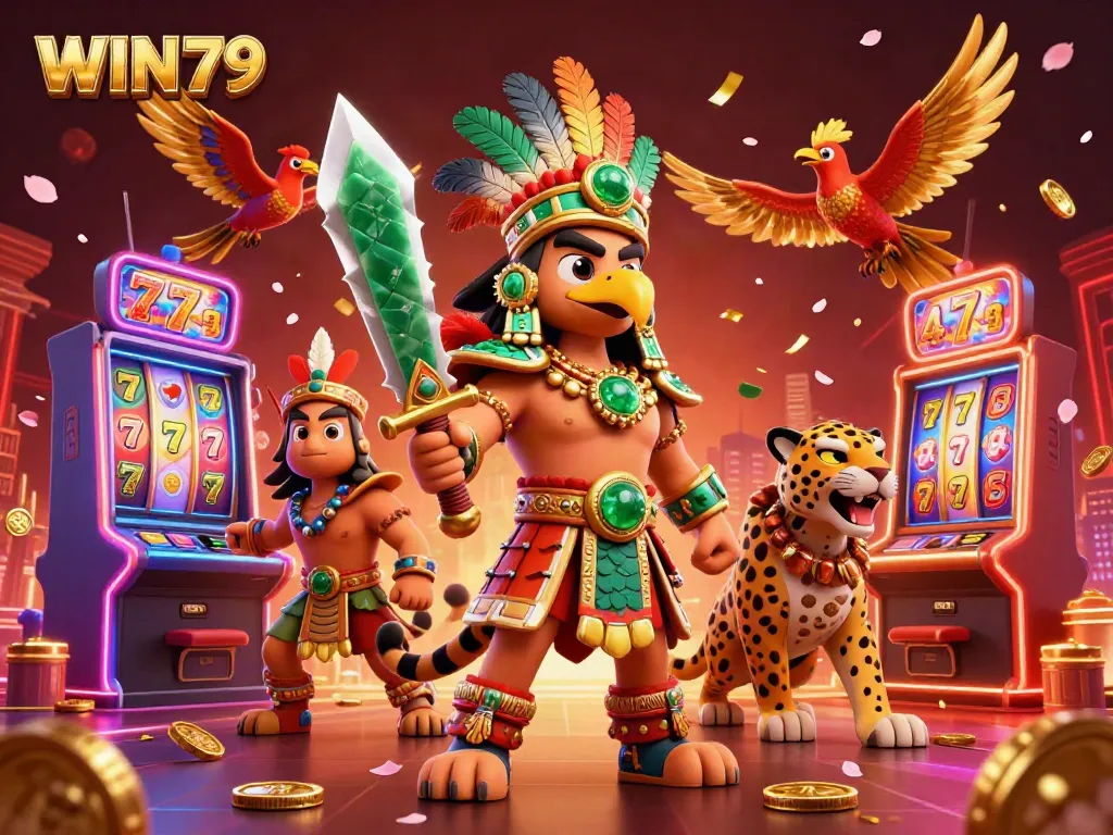 Engage with the vibrant casino scene featuring the WIN79 brand amidst Aztec warriors and captivating gaming elements.