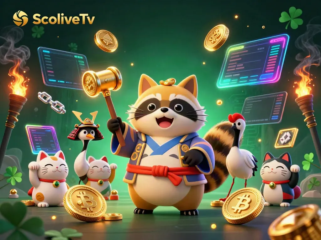 Engage with exciting gameplay at SocoliveTv as a cheerful tanuki celebrates fortune with characters and crypto elements.