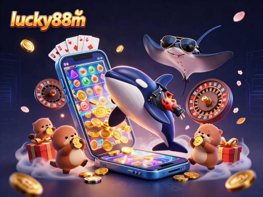Engage with lucky88m's thrilling gaming experience, featuring vibrant casino elements and fun characters.