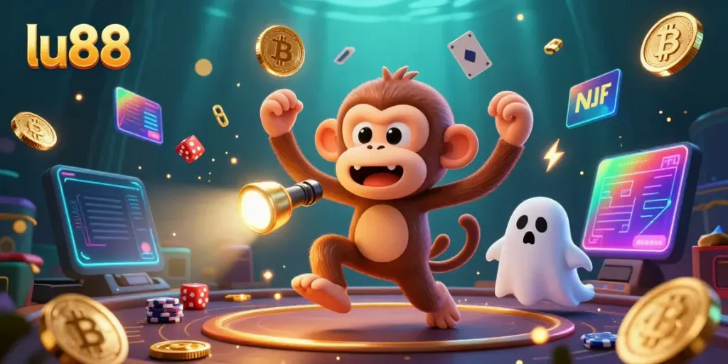 Experience the thrilling world of lu88 with an action-packed casino scene featuring a playful monkey and curious puppy.
