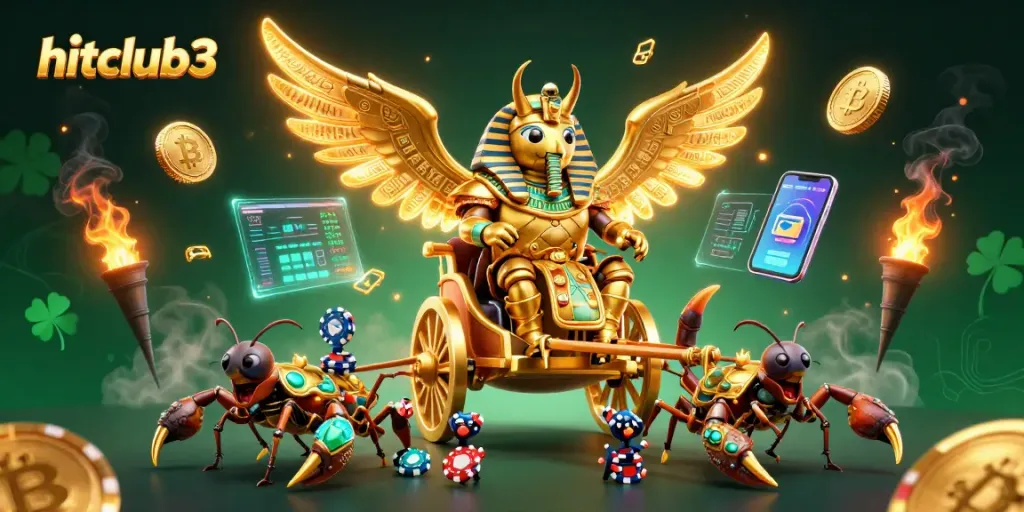Experience thrilling gameplay with hitclub3 in a dynamic casino-themed illustration featuring a golden scarab.