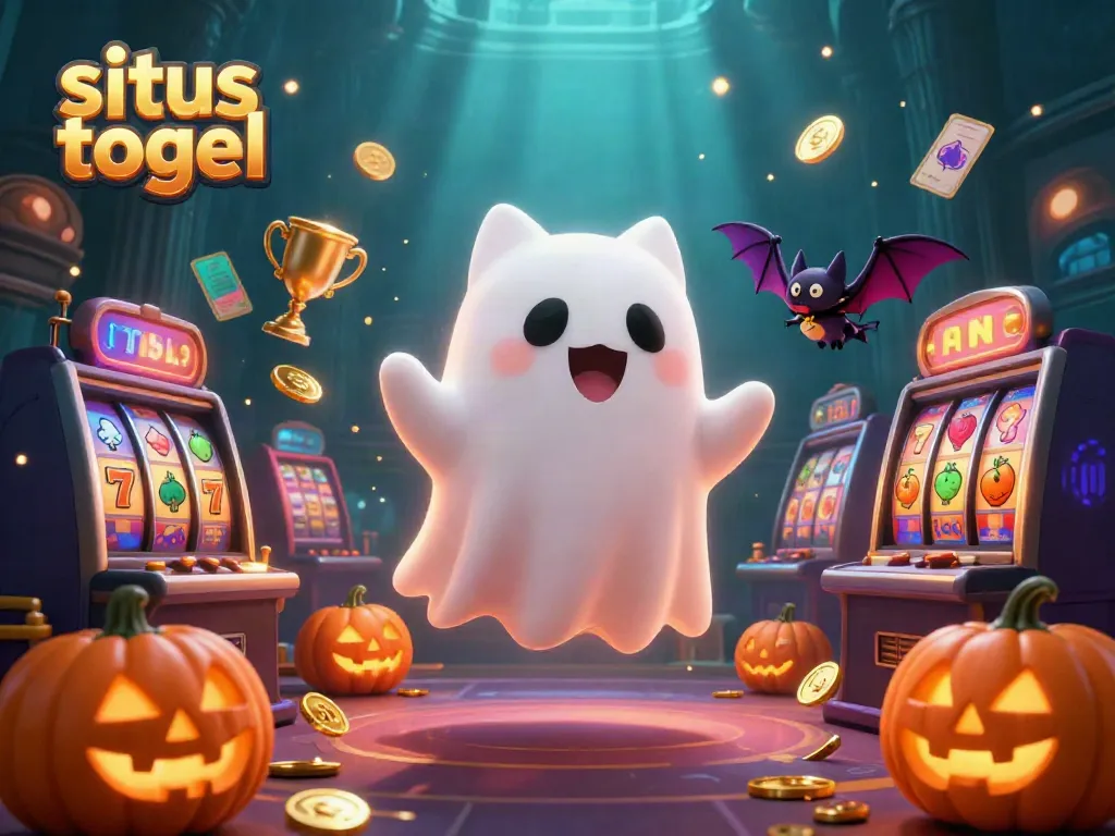 Engage with situs togel gaming featuring a ghost cat, vampire bat, and vibrant slot elements.
