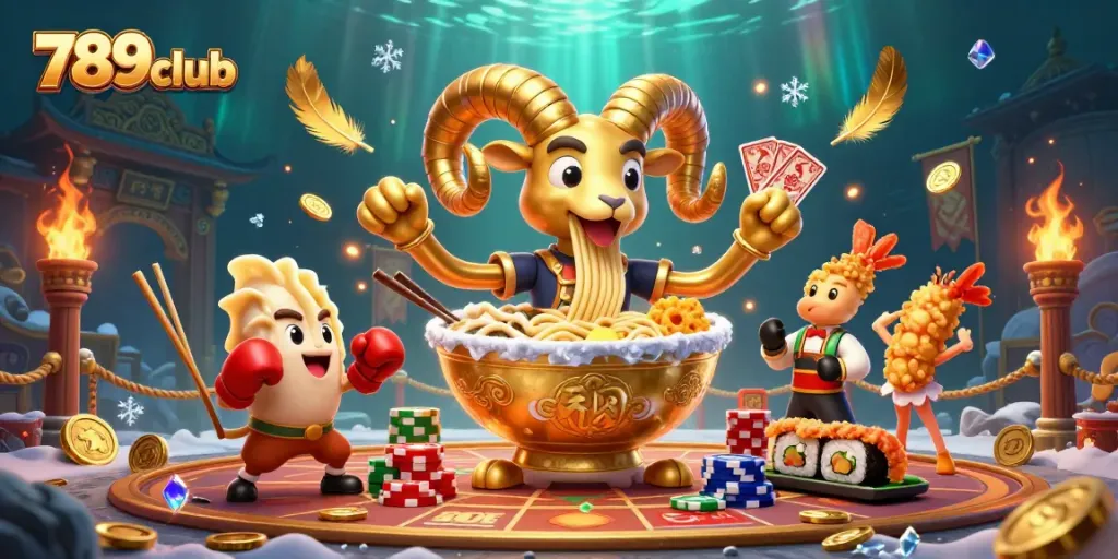 Experience thrilling action with 789club's cartoon characters like ramen bowl and sushi dealer.
