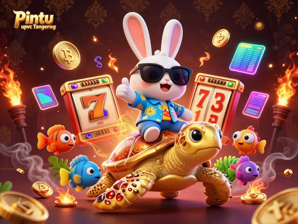 Pintu upvc Tangerang showcases exciting slot elements with a lucky rabbit riding a golden turtle amidst vibrant background.