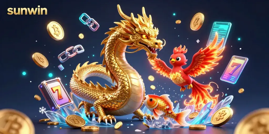 Engage with sunwin in a vibrant casino scene featuring a golden dragon, fiery phoenix, and koi fish amidst dynamic gaming elements.