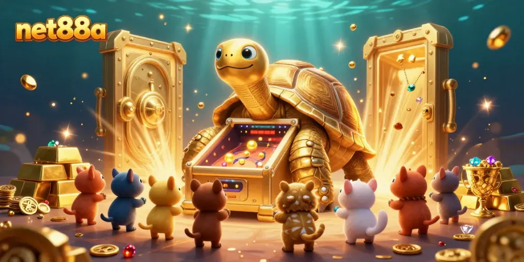 Experience the excitement of net88a with vibrant 3D characters and gleaming golden elements in a rich casino setup.