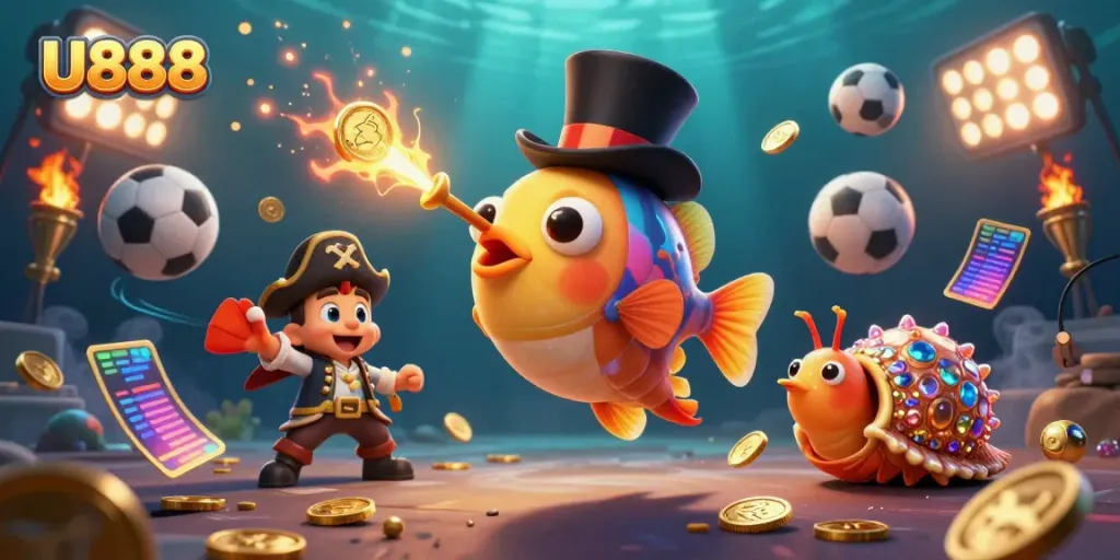 Engage in thrilling games with U888, featuring vibrant underwater scene with characters and dynamic sports elements.