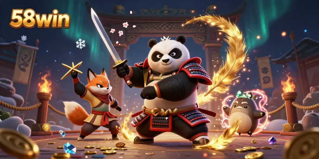 Engage with the thrilling world of 58win featuring a powerful samurai panda and ninja fox in action.