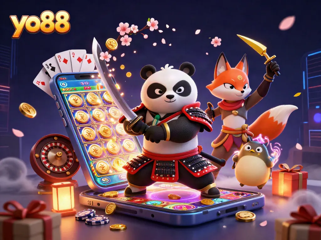 Engage with exciting yo88 casino games showcased in a vibrant 3D scene.