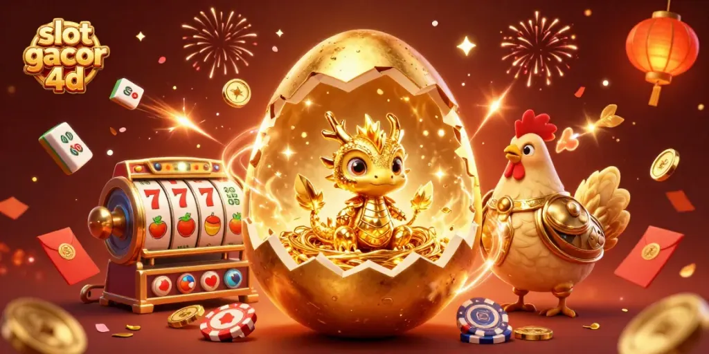 Menangkan slot gacor 4d dengan ilustrasi naga emas dan chip poker di latar belakang elegan.