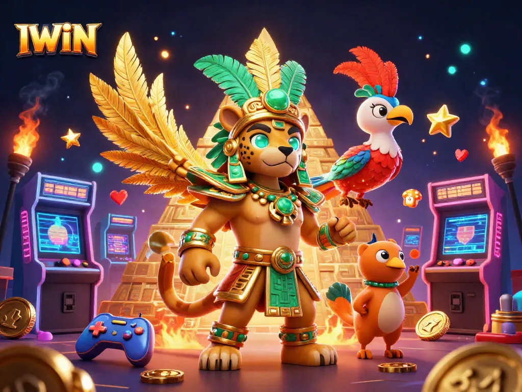 IWIN casino game scene featuring a Mayan priest, quetzal bird, and vibrant game elements