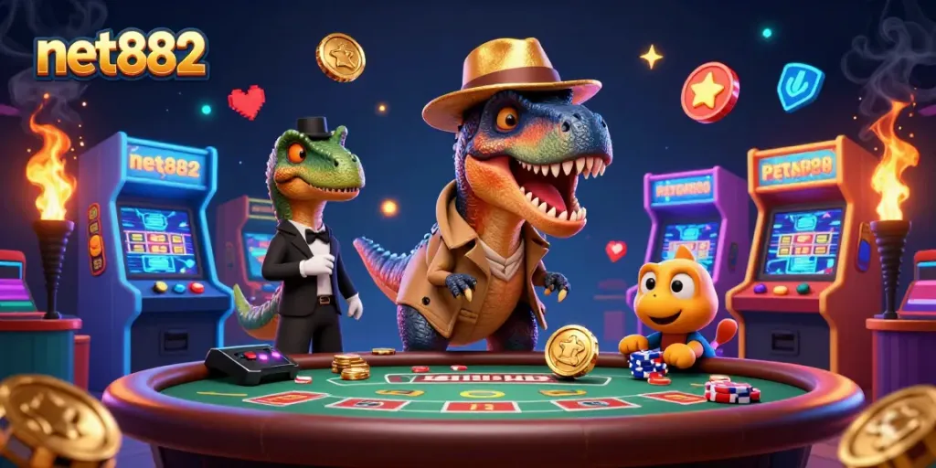 Engage in thrilling gameplay at net882 with a cunning velociraptor at a blackjack table.