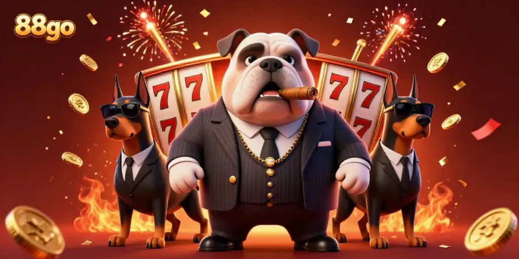 Engaging scene featuring the 88go mafia bulldog with slot reels, golden coins, and festive confetti.