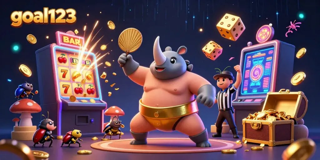 Experience the dynamic excitement of goal123 with a beetle champion amidst a casino explosion of fun.