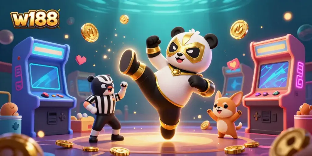 Experience the thrilling world of w188 with a lively 3D illustration of a panda wrestler kicking and a cheering crowd in a casino setting.